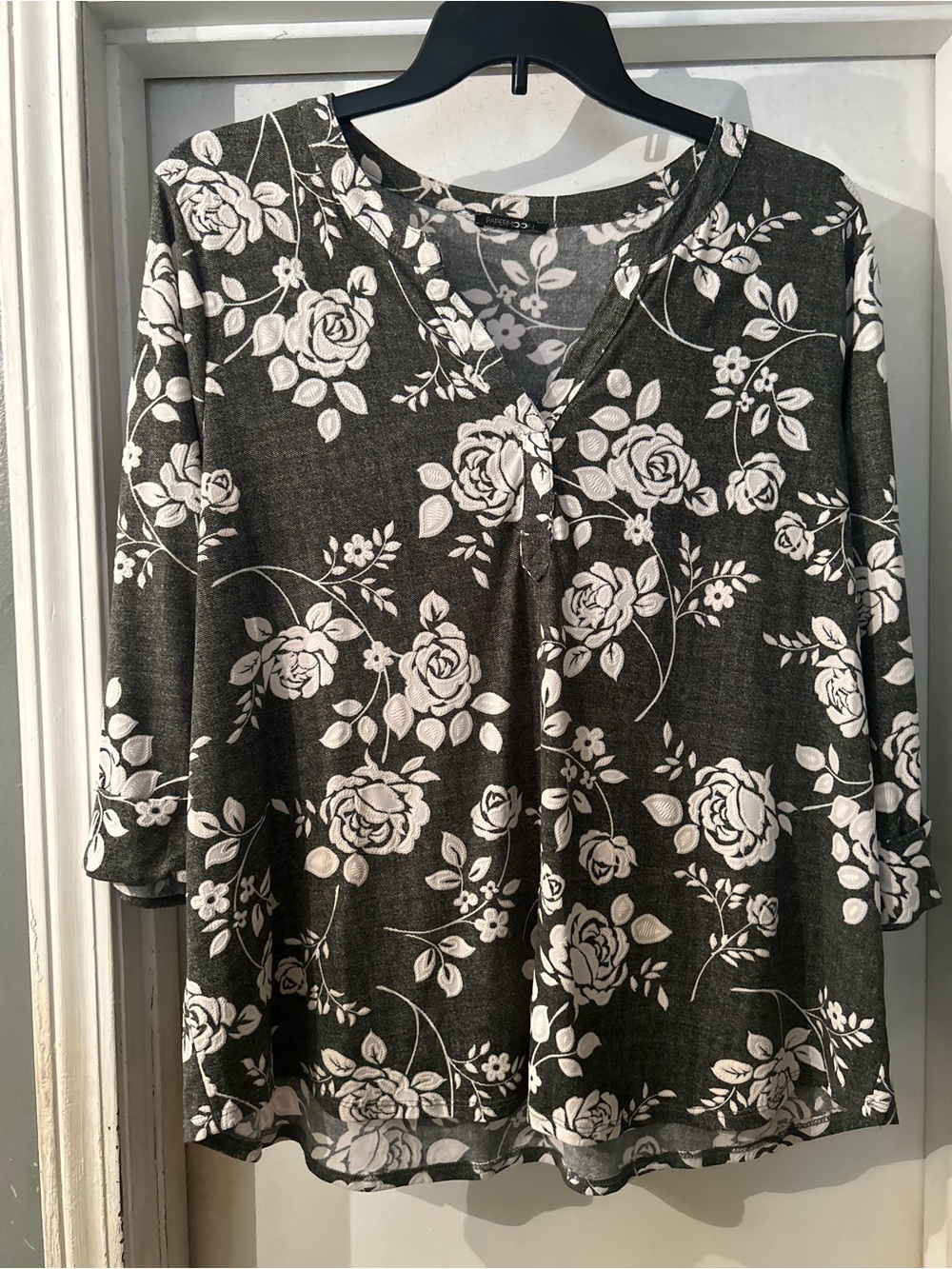 Papermoon Charcoal and White Floral V-Neck Long Sleeve Top